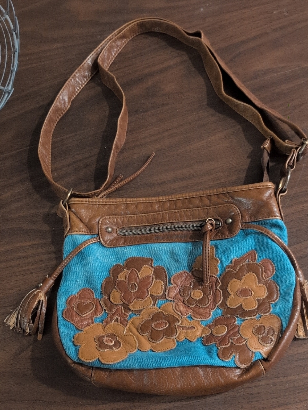 Boho Floral Crossbody Bag - Brown & Turquoise